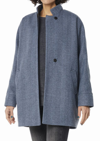 Picture of the "cocoon" coat in blue herringbone