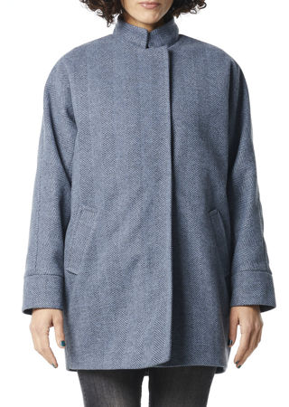 Picture of the "cocoon" coat in blue herringbone