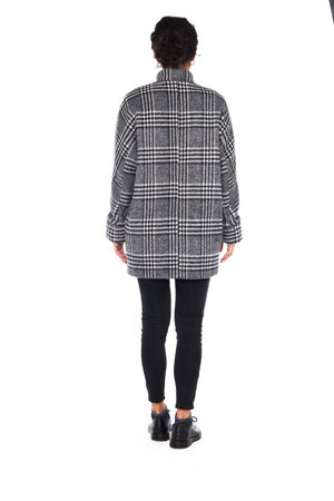 Picture of the "cocoon" coat in checkered black white