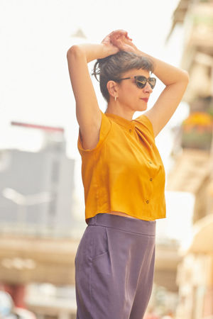 Picture of pleated pocket pants in purple