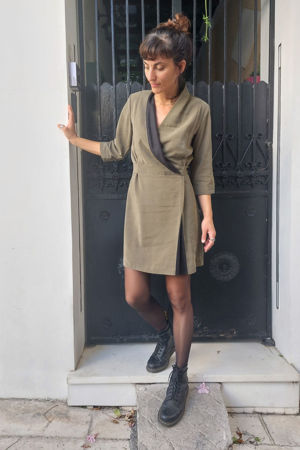 Picture of curves wrap  dress in khaki-black