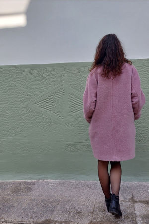 Picture of collarless raglan coat in greyish lilac