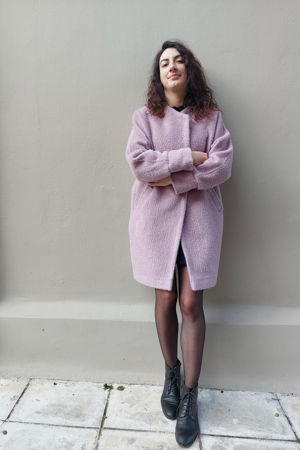 Picture of collarless raglan coat in greyish lilac