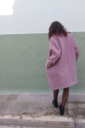 Picture of collarless raglan coat in greyish lilac