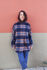 Picture of the "cocoon" coat in checkered blue orange