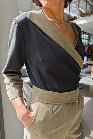 Picture of "flying lapel" jumpsuit in olive black