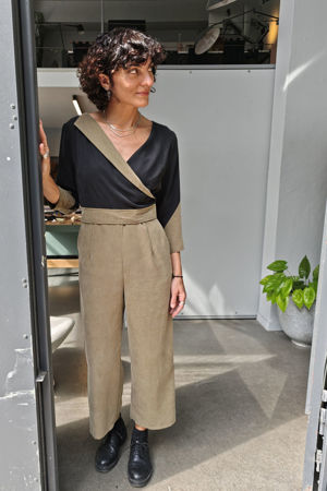 Picture of "flying lapel" jumpsuit in olive black