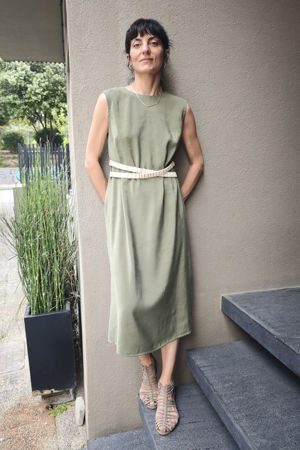 Picture of "scrunchie" midi dress in olive-cream