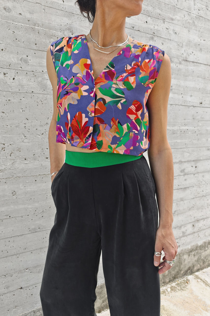 Picture of vest jumpsuit in black - purple floral