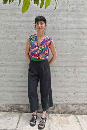Picture of vest jumpsuit in black - purple floral