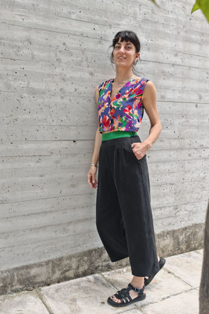 Picture of vest jumpsuit in black - purple floral
